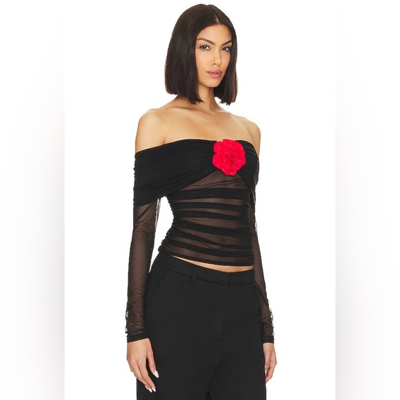 Amanda Uprichard X Revolve Nellia Blouse in Black With Red Rose - Picture 2 of 7